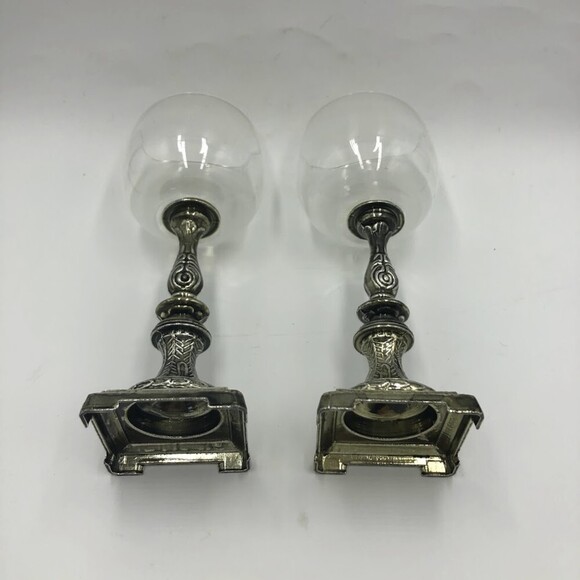 Vintage Set of 2 Metal and Glass Votive Candle Holders Stands Pewter Silver - Picture 7 of 13